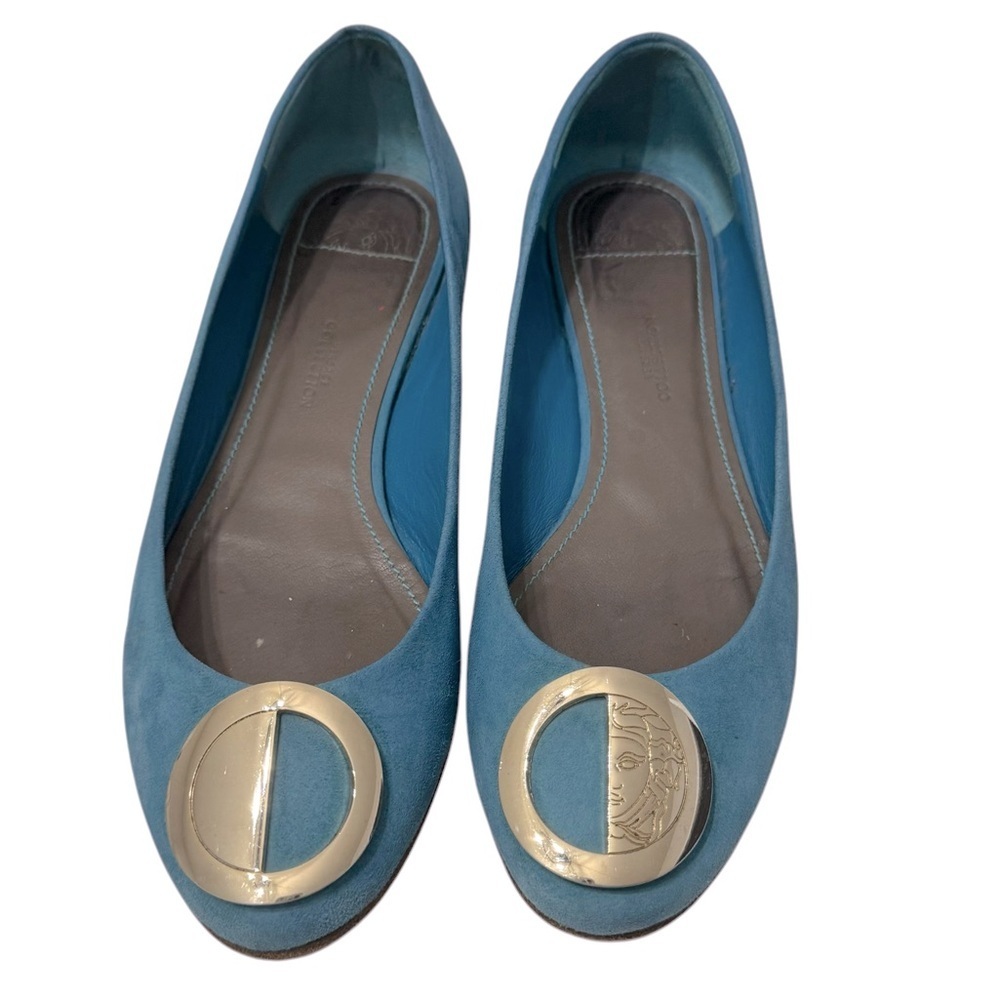 Versace collection logo plate flats blue‎ suede Sz 8